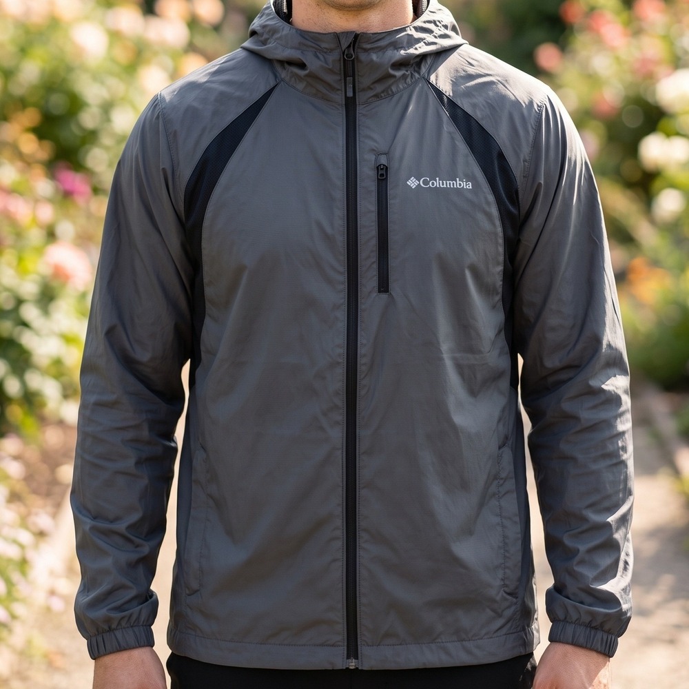 Columbia Mens Grey Black Full Zip Hooded Windbreaker Mesh Lined Jacket XL